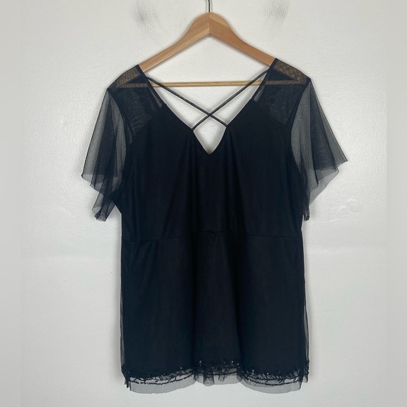 Torrid Mesh Sequin Trim Short Sleeves Top Size 1X Black V-Neck Party Cocktail - Picture 3 of 11